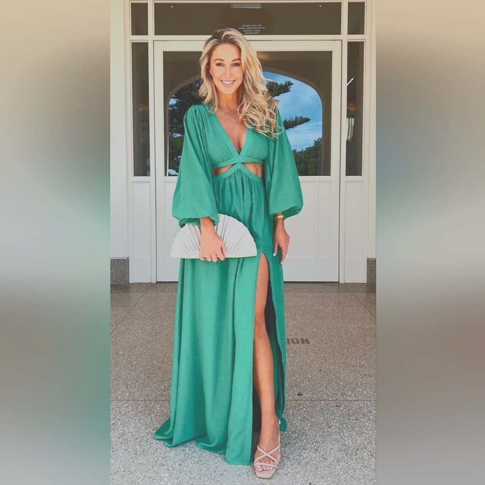 PAIGE MAXI DRESS - SIDE CUT OUT BALLOON SLEEVE DRESS IN GREEN